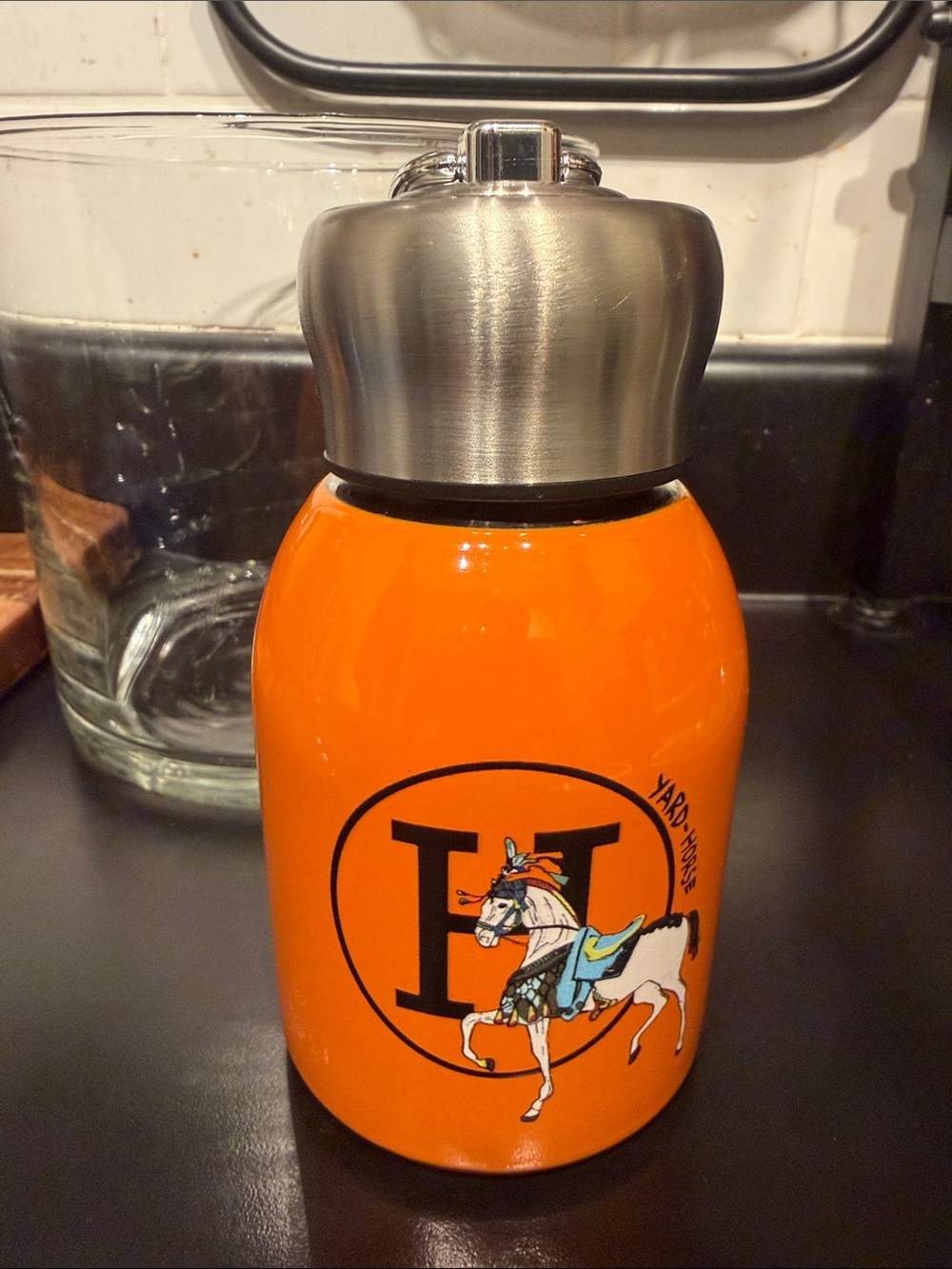 Orange Stainless-Top Ceramic Water Bottle with Horse Crest